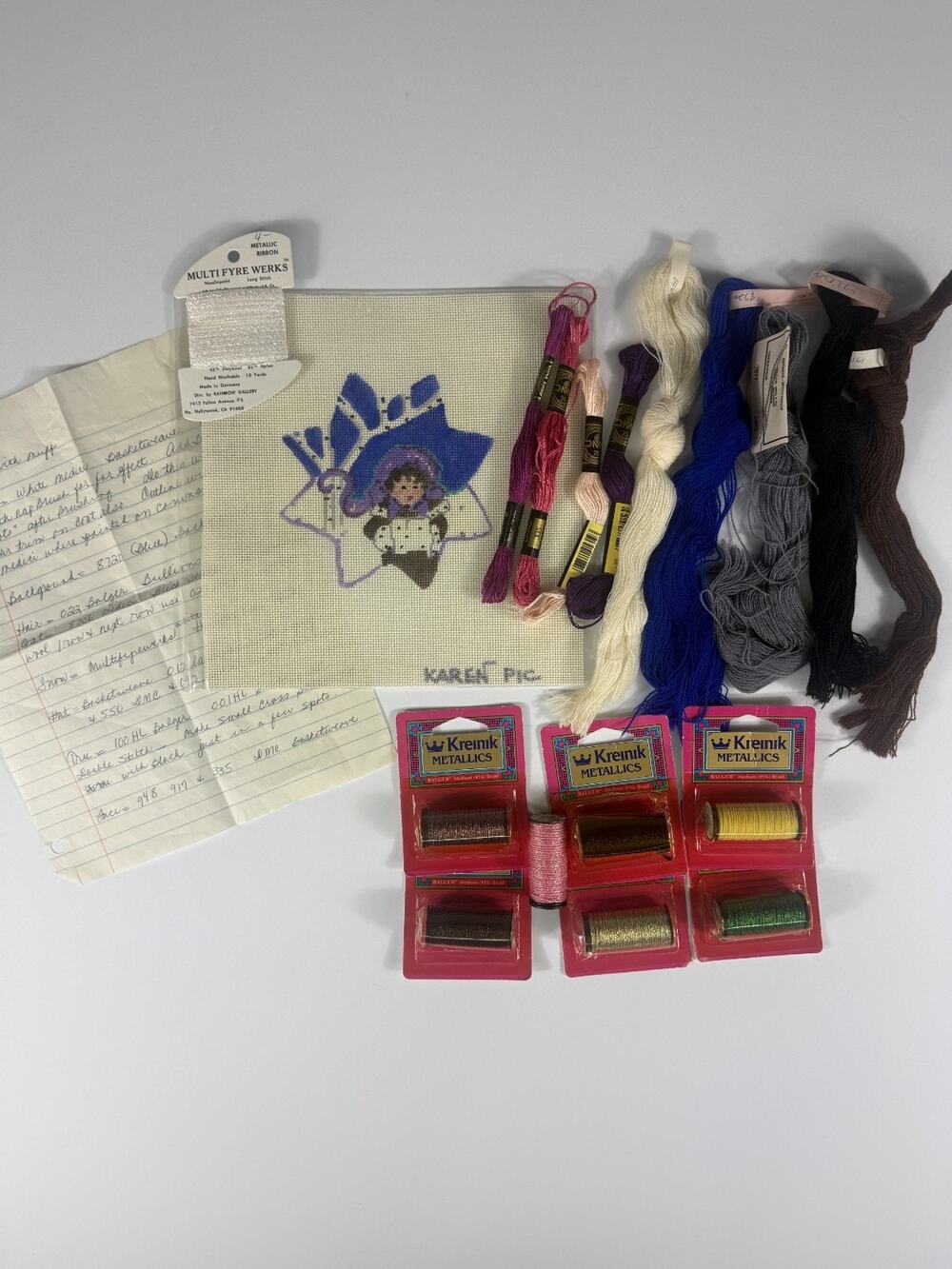 Karen Pic Hand Painted Needlepoint Canvas Winter Girl Fiber Lot Kreinik Threads